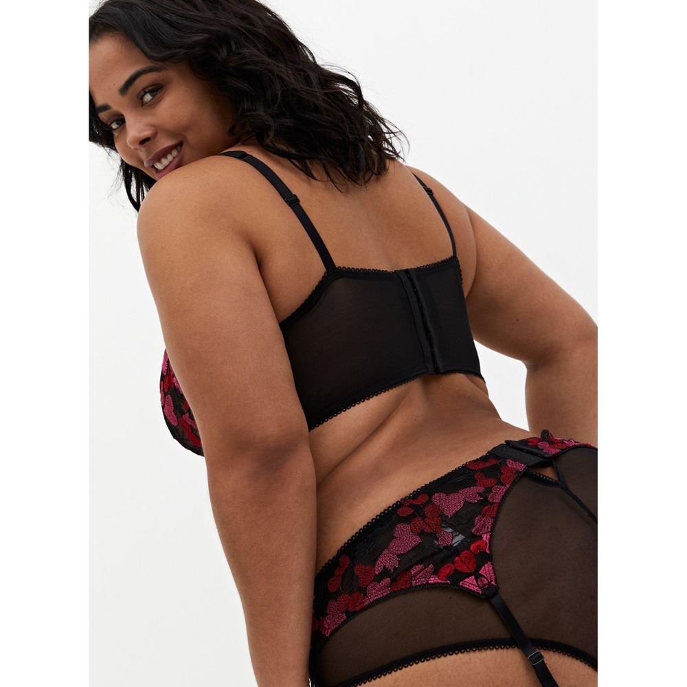 TORRID CURVE Sz 6/6X Black‎ & Pink Heart Embroidered Underwire Longline Bralette - Picture 2 of 10